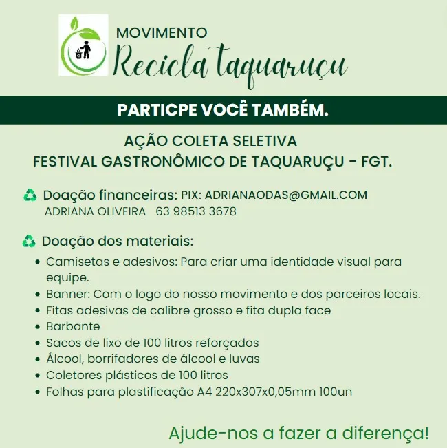 Ação Recicla Taquaruçu: projeto busca contribuir para o meio ambiente durante Festival Gastronômico de Taquaruçu